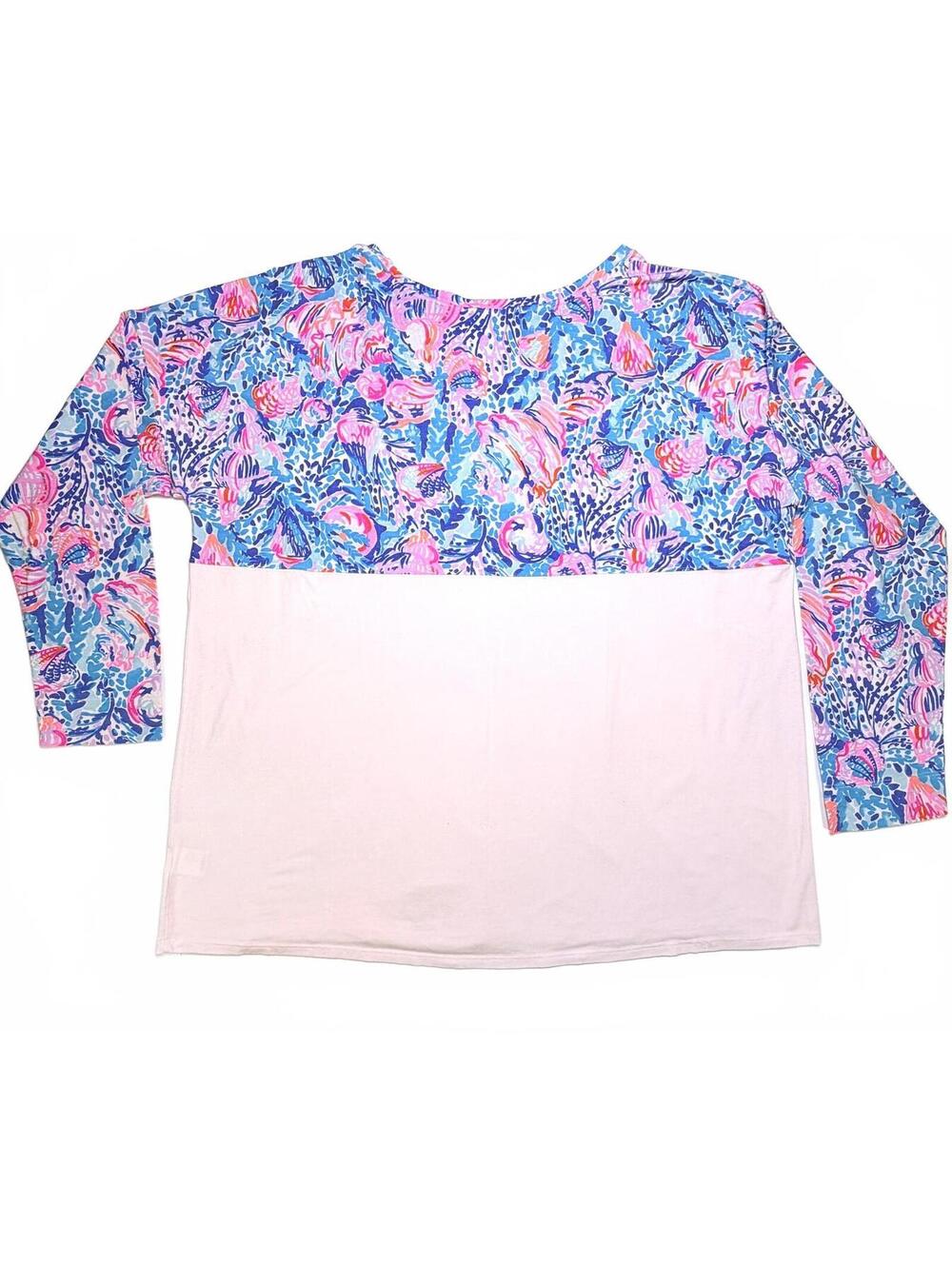 Lilly Pulitzer Colorblock Spirit Jersey Top XXL Seashell Pink Blue Long Sleeve